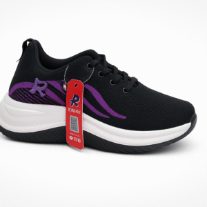 Ladies Black Comfort Sneakers with Purple Accents – Lightweight PU Sole Shoes