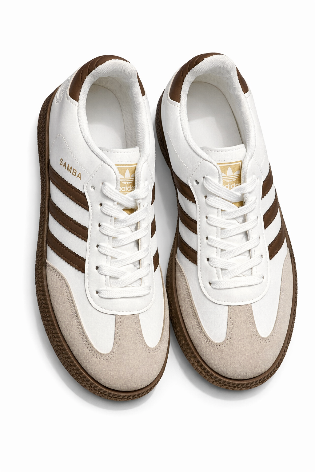 Samba-Style 3-Stripe Sneakers - White / Brown - Image 2