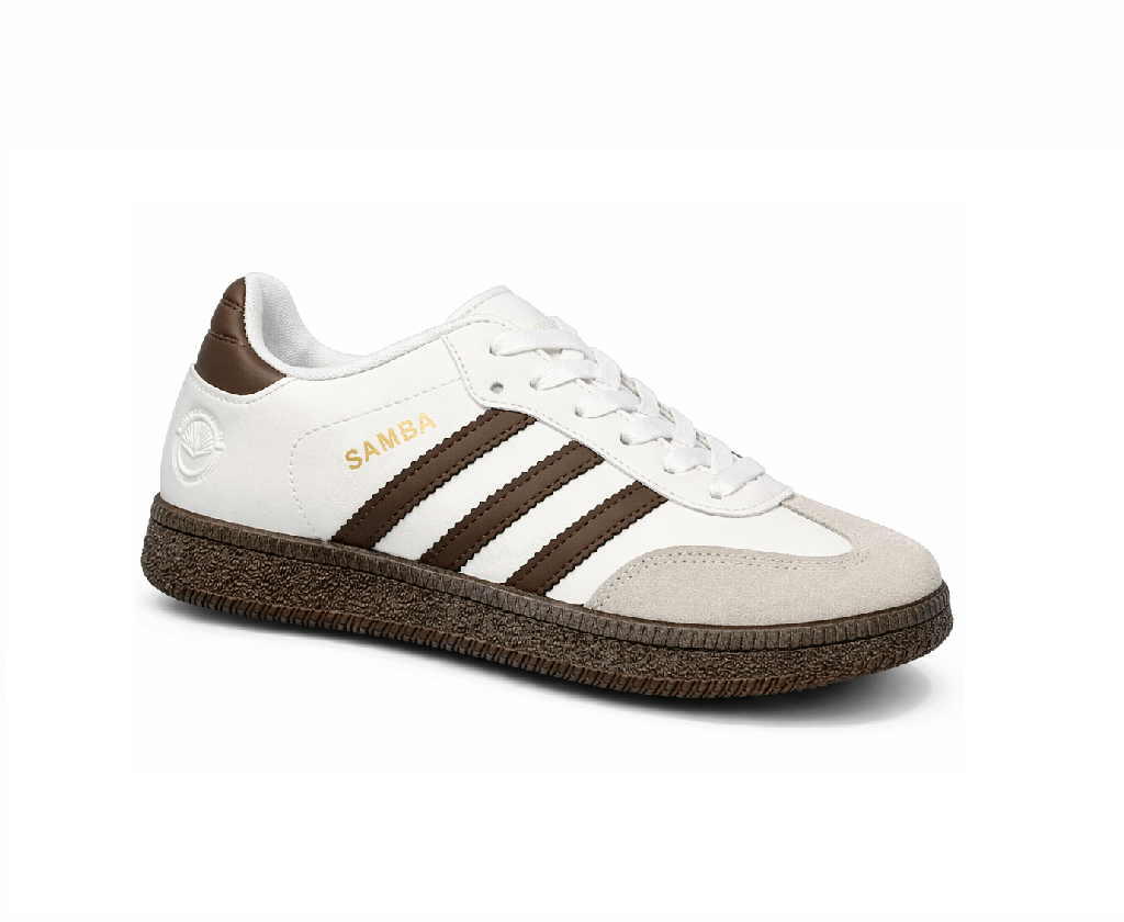 Samba-Style 3-Stripe Sneakers - White / Brown