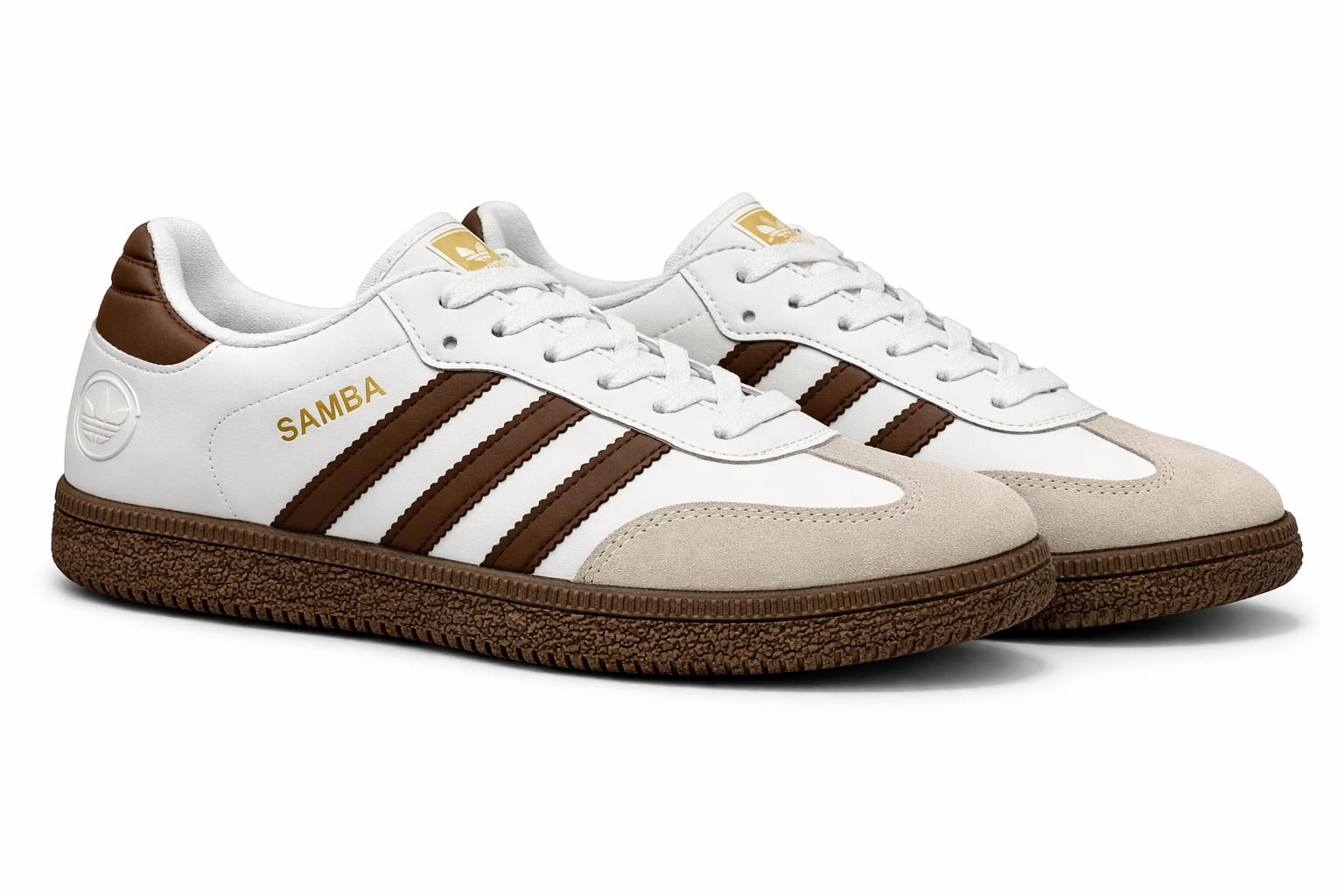 Samba-Style 3-Stripe Sneakers - White / Brown - Image 3