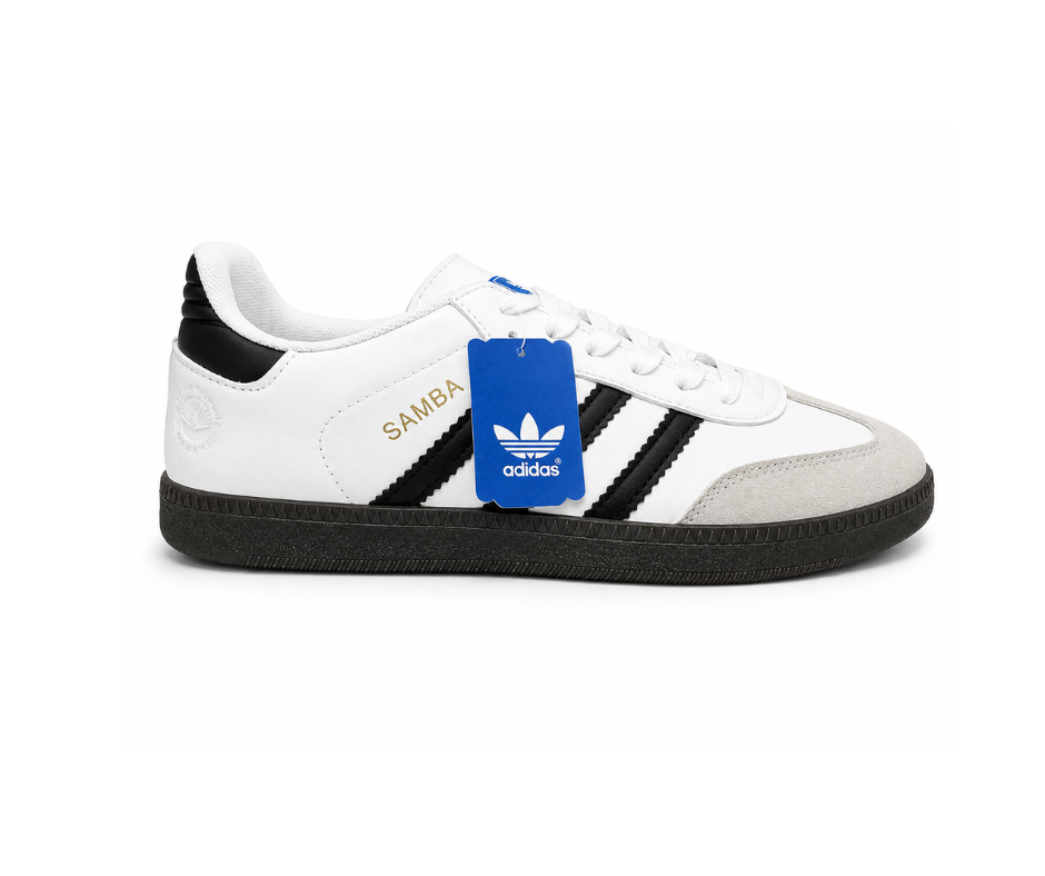Samba-Style 3-Stripe Sneakers - White & Black - Black Sole